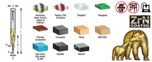 AM CNC 2D/3D V-fresestål ø0,5x75mm up-cut, ballnose sk ø6mm